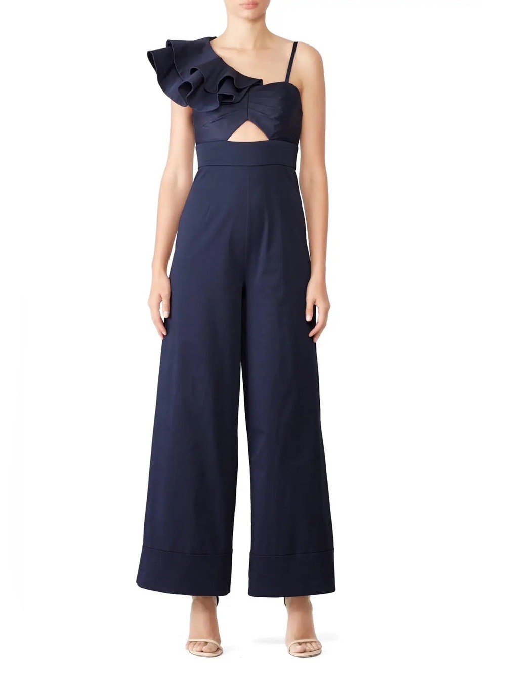 Fame and Partners Navy Blue Los Feliz Ruffle Jumpsuit US 12